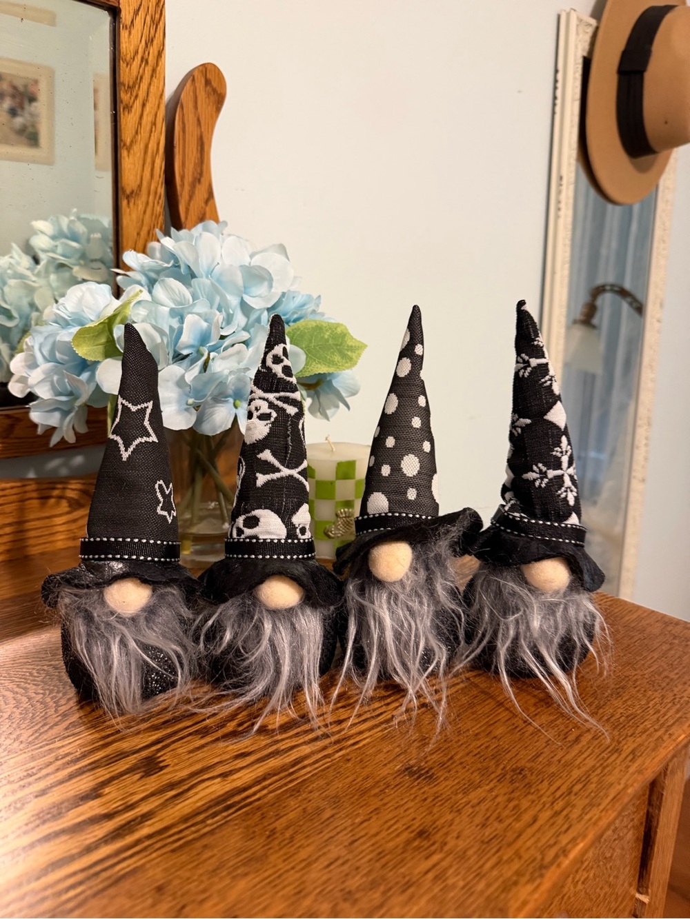 Set of 4 Black & Gray Halloween Gnome Decorations with Patterned Hats